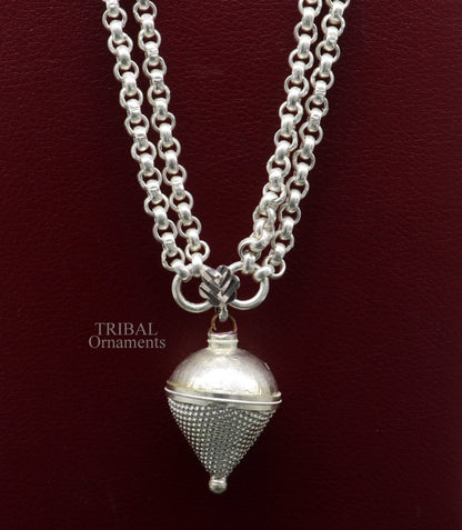Solid sterling silver cable link rolo chain necklace set with two strings, handmade tribal jewelry from India.