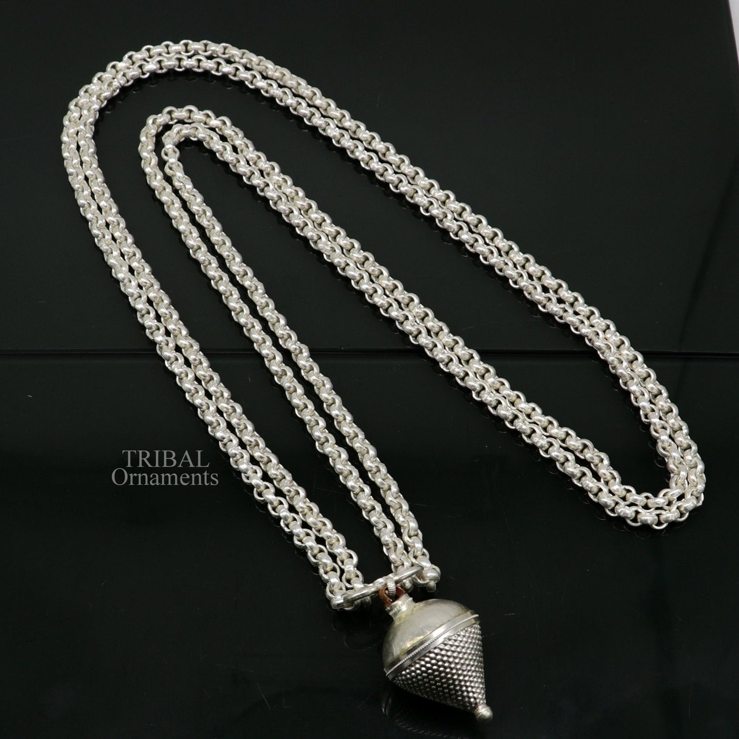 Solid sterling silver cable link rolo chain necklace set with two strings, handcrafted tribal jewelry from India.