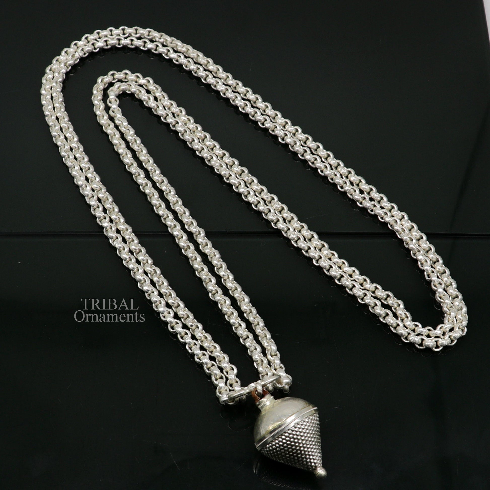 Solid sterling silver cable link rolo chain necklace set with two strings, handcrafted tribal jewelry from India.