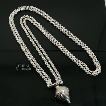 Solid sterling silver cable link rolo chain necklace set with two strings, handcrafted tribal jewelry from India.