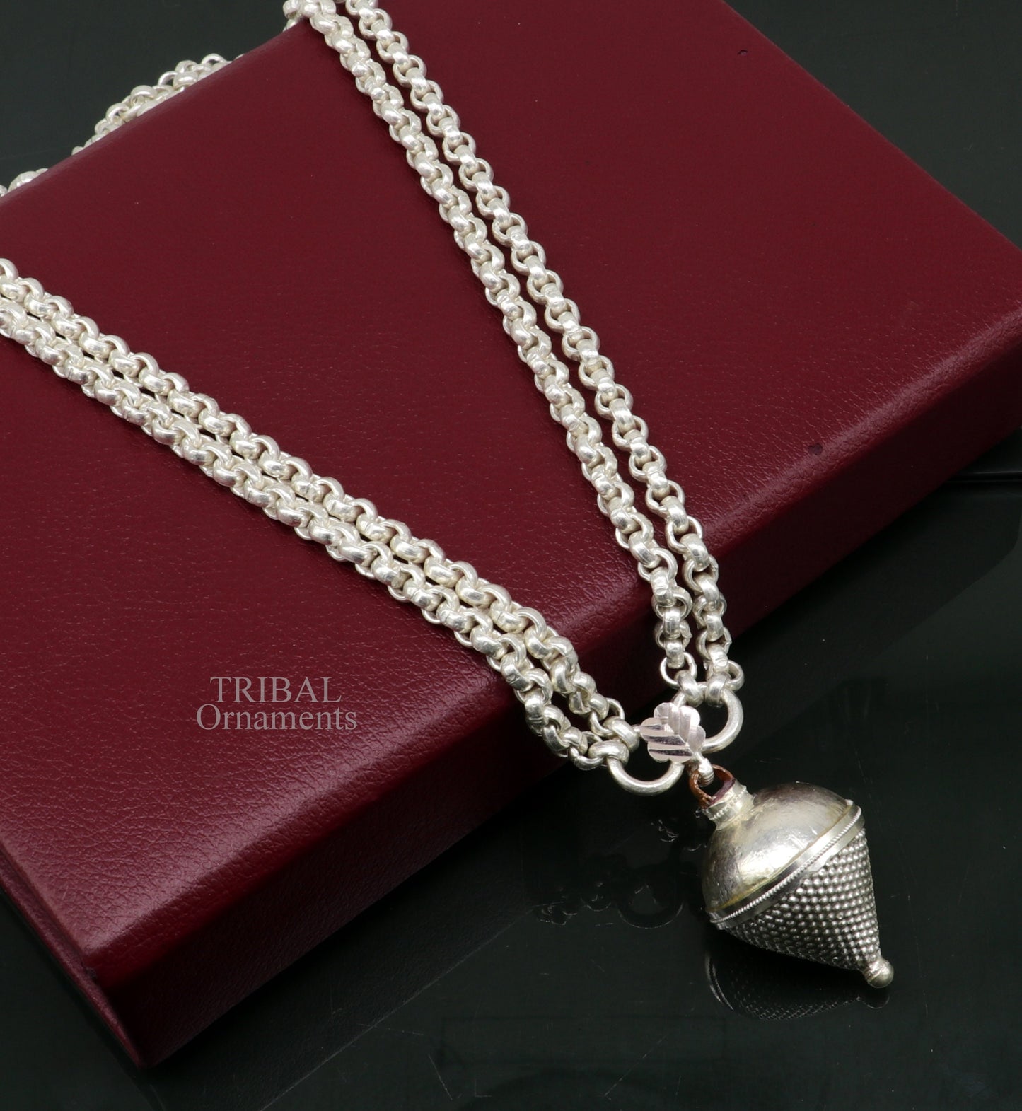Sterling silver cable link rolo chain necklace set with two-string design, handmade tribal jewelry from India.
