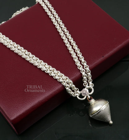 Sterling silver cable link rolo chain necklace set with two-string design, handmade tribal jewelry from India.