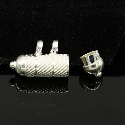 Sterling silver handmade vintage round amulet box pendant, tribal mantra box jewelry with intricate tribal design.