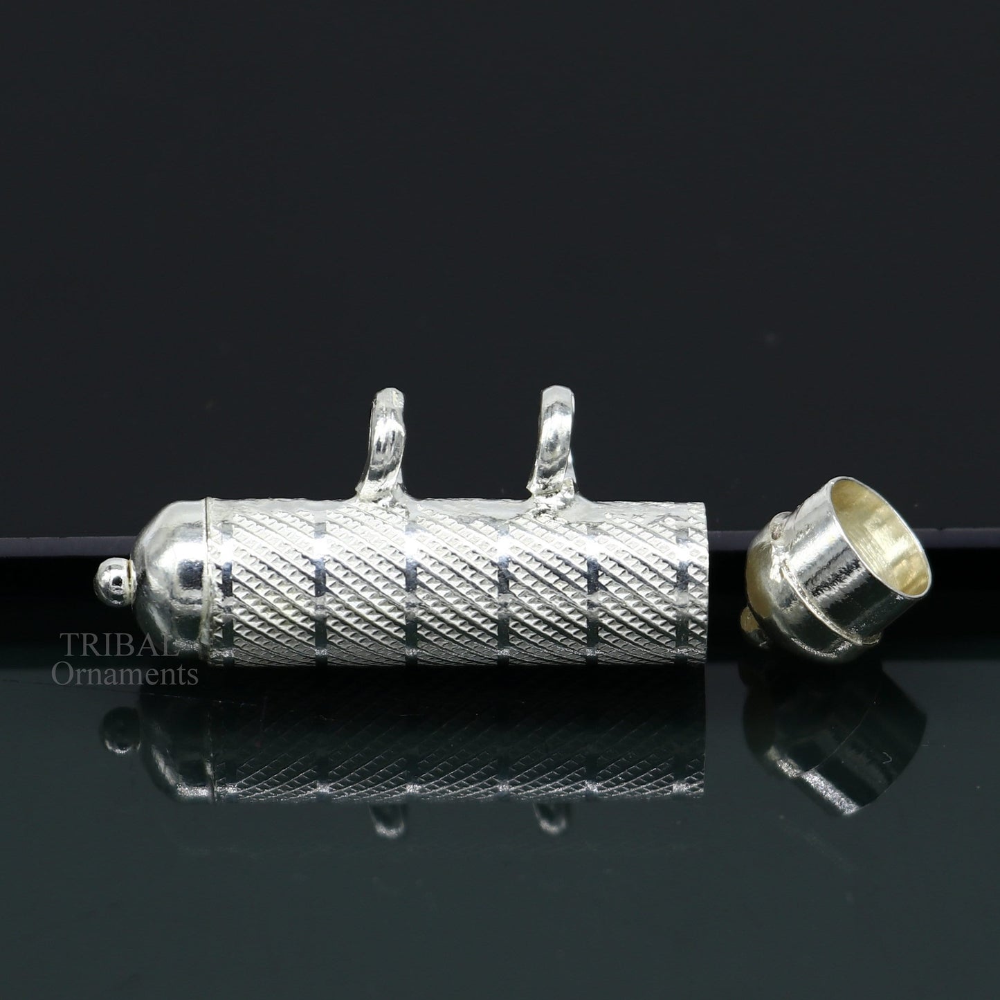 Solid sterling silver round amulet box pendant with intricate tribal design, handmade mantra box and kavacham jewelry.