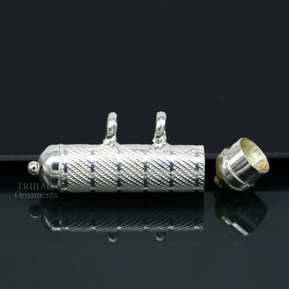 Solid sterling silver round amulet box pendant with intricate tribal design, handmade mantra box and kavacham jewelry.