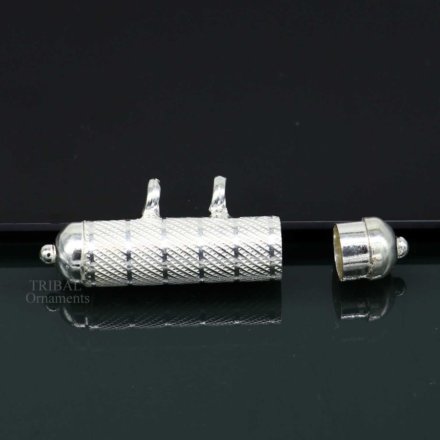 Solid sterling silver round amulet box pendant with intricate tribal design, handmade mantra box jewelry by Tribal Ornaments.