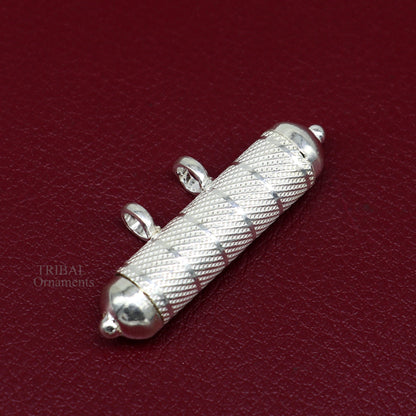 Solid sterling silver round amulet box pendant with intricate handmade design, ideal for mantra or talisman jewelry.