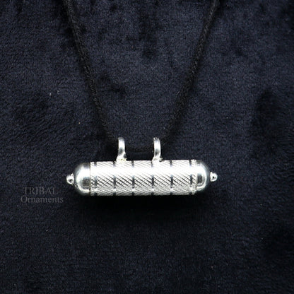 Solid sterling silver round amulet box pendant with engraved mantra, tribal-style tabiz, handmade kavacham jewelry by Tribal Ornaments.