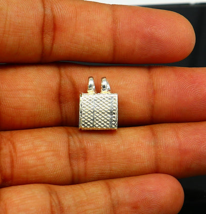 Solid sterling silver square amulet box pendant with handcrafted design, featuring traditional mantra and kavacham motifs.