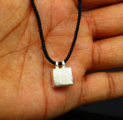 Solid sterling silver square amulet box pendant with intricate handmade design, mantra box, and Tabiz Kavacham style.