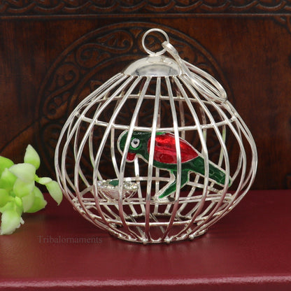 Solid sterling silver handmade toy for idlo krishna, silver parrot with cage, silver article for gifting to God or idol Krishna,  su444 - TRIBAL ORNAMENTS