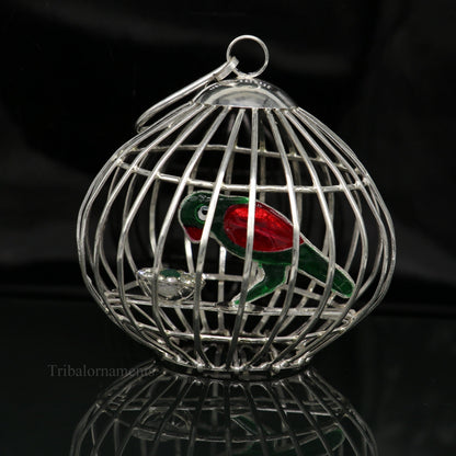 Solid sterling silver handmade toy for idlo krishna, silver parrot with cage, silver article for gifting to God or idol Krishna,  su444 - TRIBAL ORNAMENTS