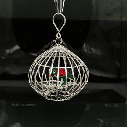Solid sterling silver handmade toy for idlo krishna, silver parrot with cage, silver article for gifting to God or idol Krishna,  su444 - TRIBAL ORNAMENTS