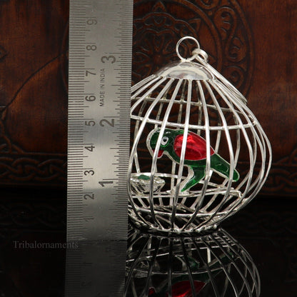 Solid sterling silver handmade toy for idlo krishna, silver parrot with cage, silver article for gifting to God or idol Krishna,  su444 - TRIBAL ORNAMENTS