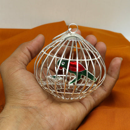 Solid sterling silver handmade toy for idlo krishna, silver parrot with cage, silver article for gifting to God or idol Krishna,  su444 - TRIBAL ORNAMENTS