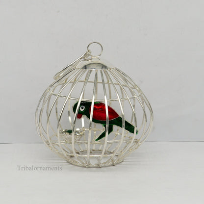 Solid sterling silver handmade toy for idlo krishna, silver parrot with cage, silver article for gifting to God or idol Krishna,  su444 - TRIBAL ORNAMENTS