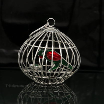 Solid sterling silver handmade toy for idlo krishna, silver parrot with cage, silver article for gifting to God or idol Krishna,  su444 - TRIBAL ORNAMENTS