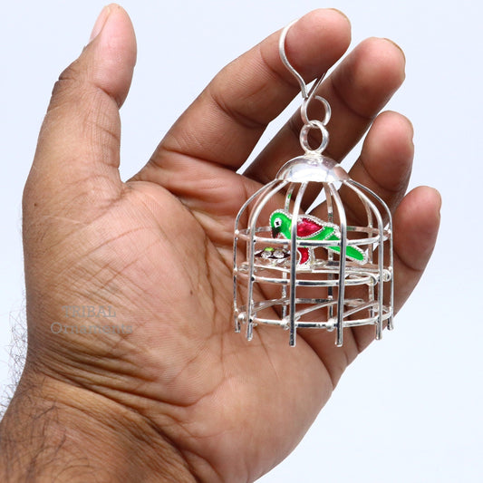 Solid sterling silver handmade toy for idol krishna, silver parrot and cage, silver article for gifting to God or idol Krishna  su767 - TRIBAL ORNAMENTS