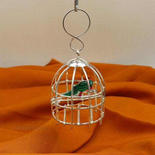 Solid sterling silver handmade toy for idol krishna, silver parrot with cage, silver article for gifting to God or idol Krishna,  su446 - TRIBAL ORNAMENTS