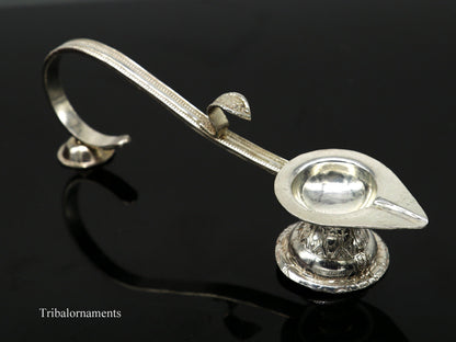 Solid sterling silver handmade vintage Aarti lamp for home temples, traditional deepak with intricate design by Tribal Ornaments.