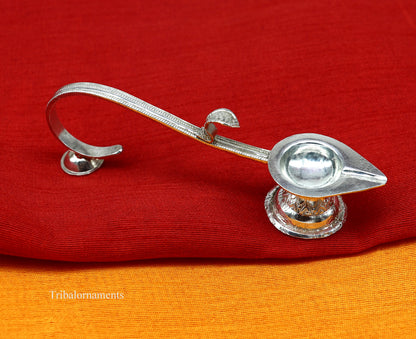 Solid sterling silver handmade vintage Aarti lamp for home temples, traditional deepak for temple accessories, crafted by TRIBAL ORNAMENTS.