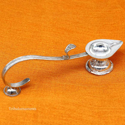 Handmade vintage sterling silver Aarti lamp with intricate design, suitable as a temple deepak or home temple accessory.