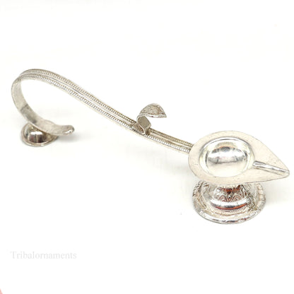 Solid sterling silver handmade vintage Aarti lamp for home temple decor, single deepak art lamp for temple accessories.