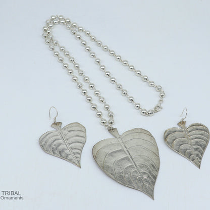 Vintage 925 sterling silver Peepal Tree leaf pendant with beaded necklace, tribal ethnic handmade jewelry set by TRIBAL ORNAMENTS