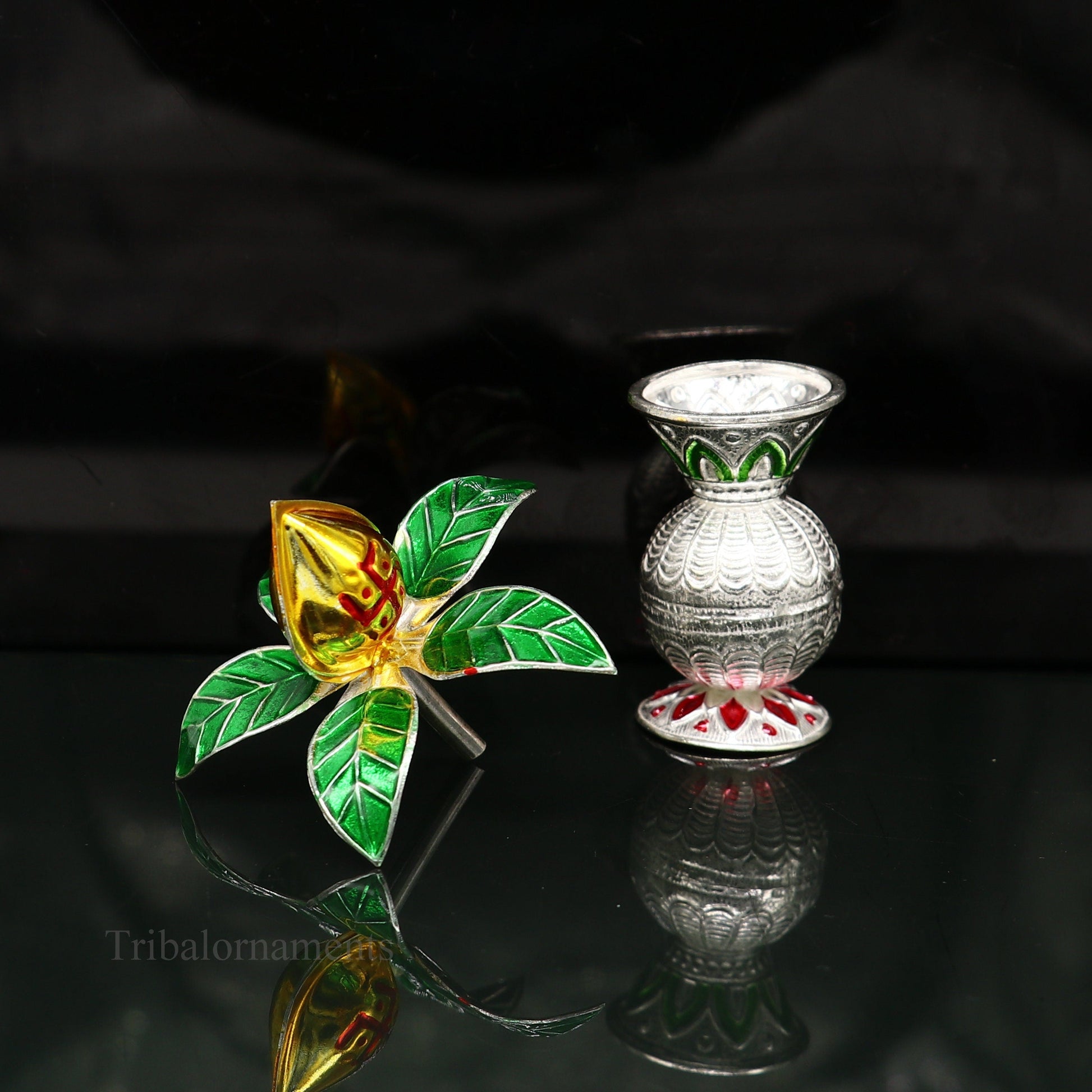 Solid sterling silver handmade vintage design puja kalash with silver coconuts and leaf, divine home temple article worshipping su384 - TRIBAL ORNAMENTS