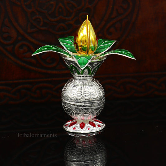 Solid sterling silver handmade vintage design puja kalash with silver coconuts and leaf, divine home temple article worshipping su384 - TRIBAL ORNAMENTS
