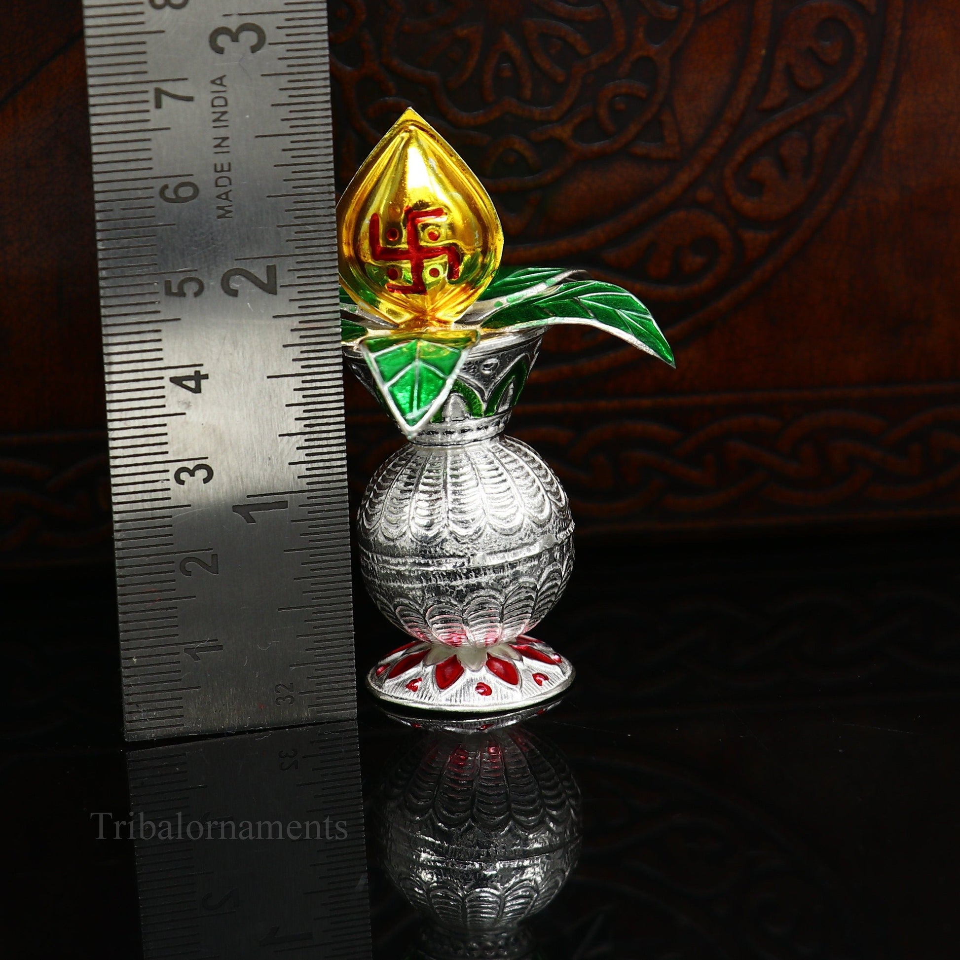 Solid sterling silver handmade vintage design puja kalash with silver coconuts and leaf, divine home temple article worshipping su384 - TRIBAL ORNAMENTS