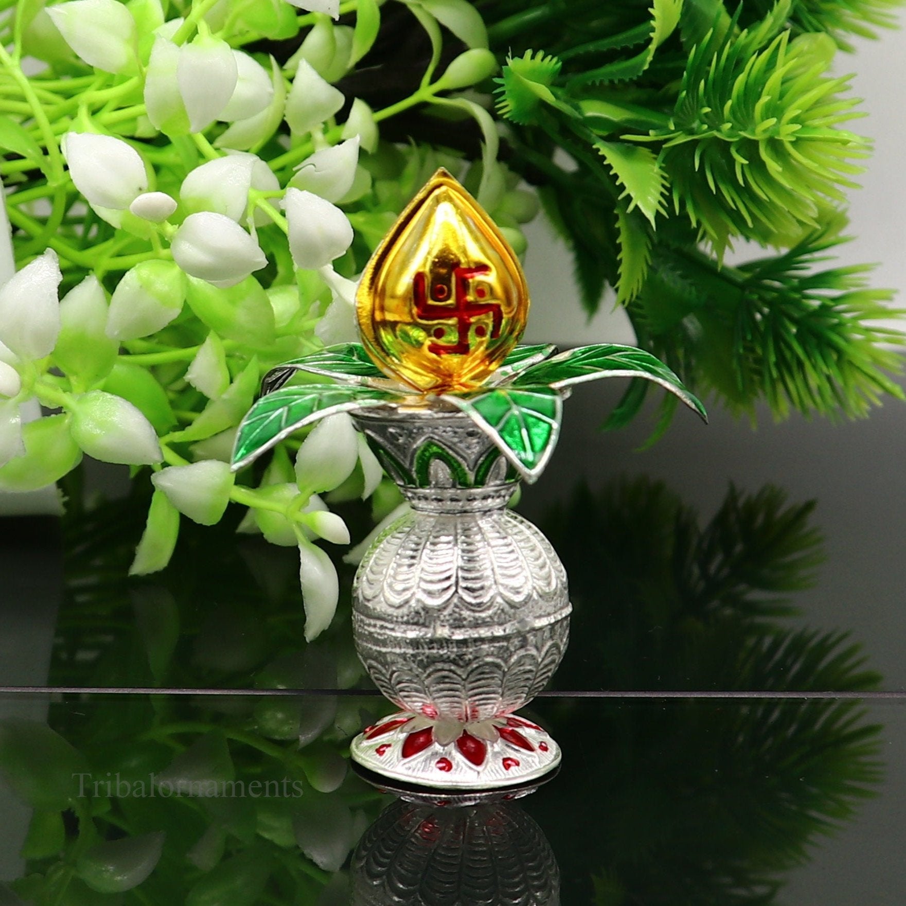 Solid sterling silver handmade vintage design puja kalash with silver coconuts and leaf, divine home temple article worshipping su384 - TRIBAL ORNAMENTS