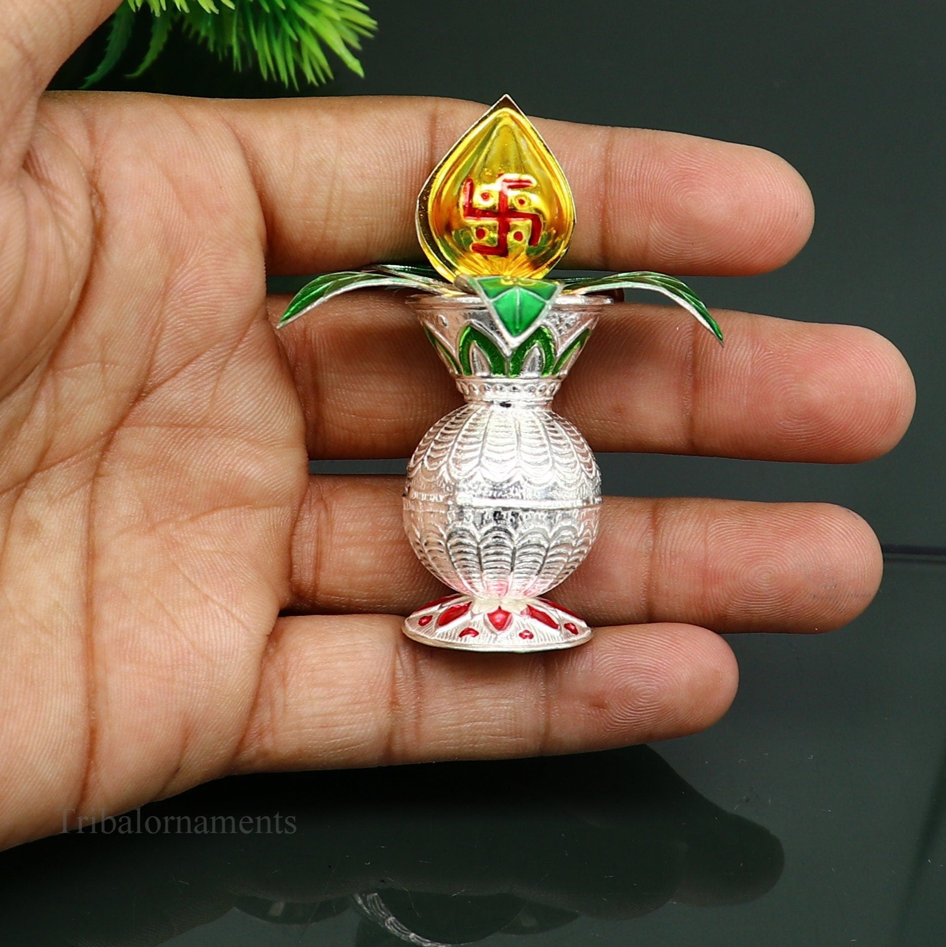 Solid sterling silver handmade vintage design puja kalash with silver coconuts and leaf, divine home temple article worshipping su384 - TRIBAL ORNAMENTS