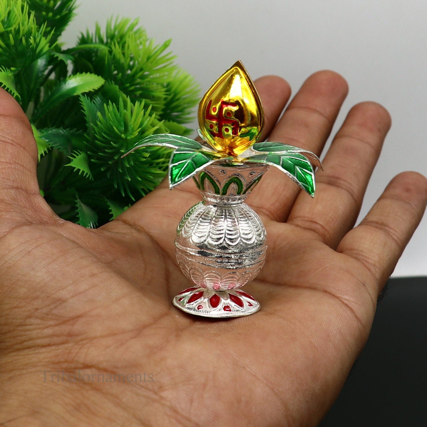 Solid sterling silver handmade vintage design puja kalash with silver coconuts and leaf, divine home temple article worshipping su384 - TRIBAL ORNAMENTS