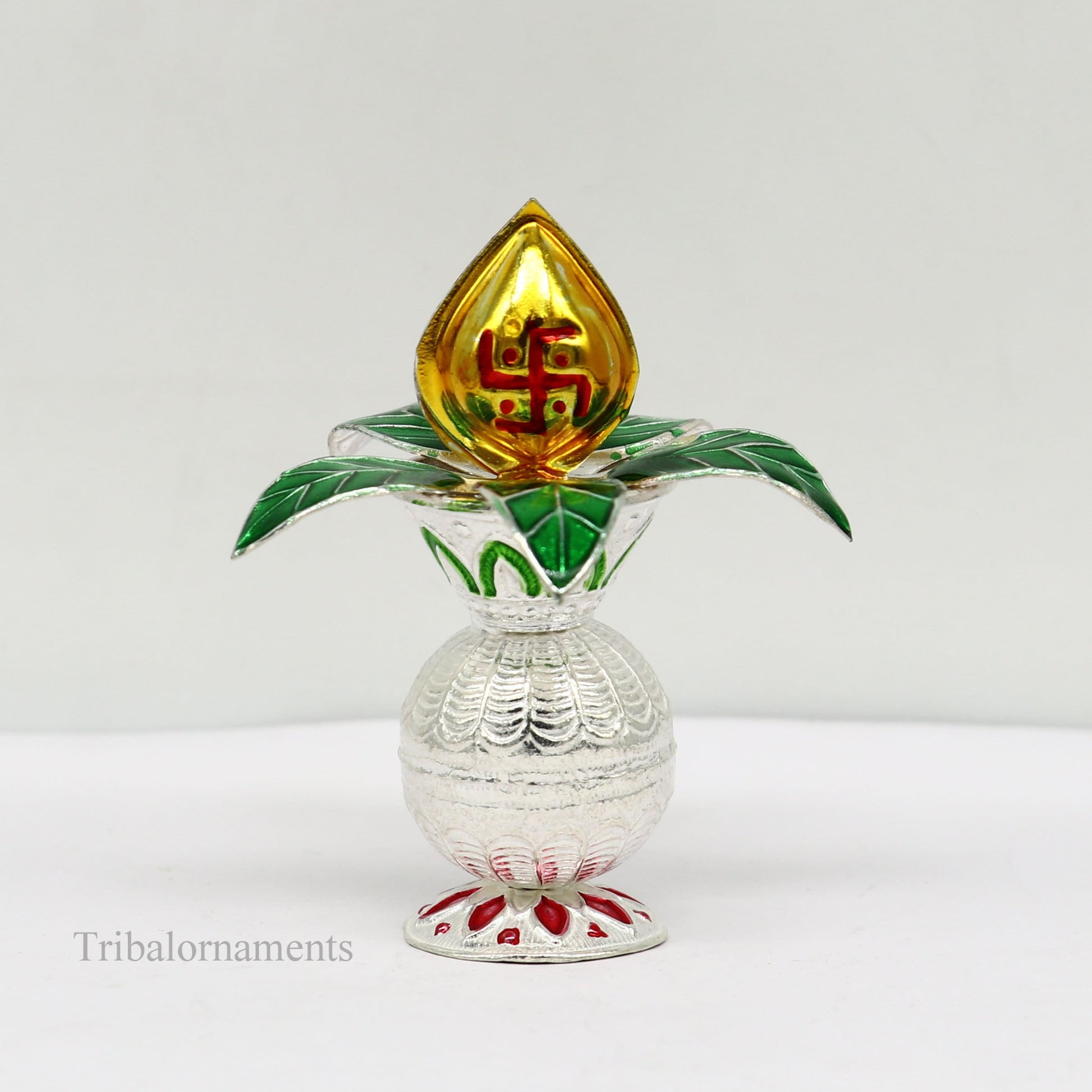 Solid sterling silver handmade vintage design puja kalash with silver coconuts and leaf, divine home temple article worshipping su384 - TRIBAL ORNAMENTS