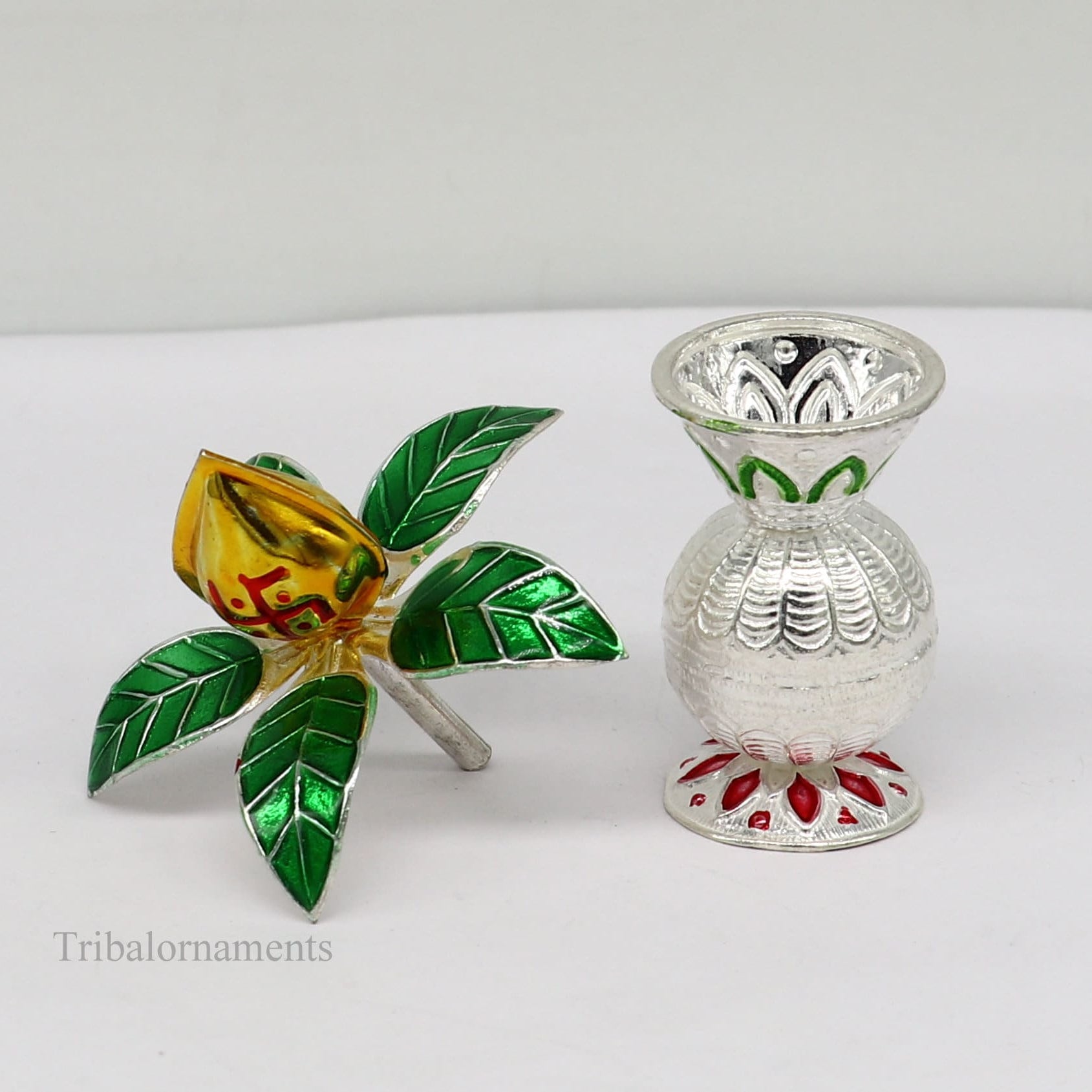 Solid sterling silver handmade vintage design puja kalash with silver coconuts and leaf, divine home temple article worshipping su384 - TRIBAL ORNAMENTS