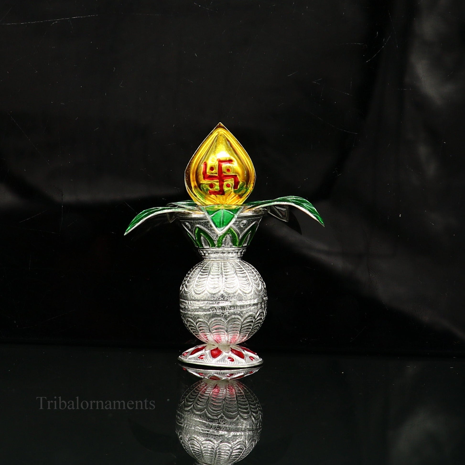 Solid sterling silver handmade vintage design puja kalash with silver coconuts and leaf, divine home temple article worshipping su384 - TRIBAL ORNAMENTS