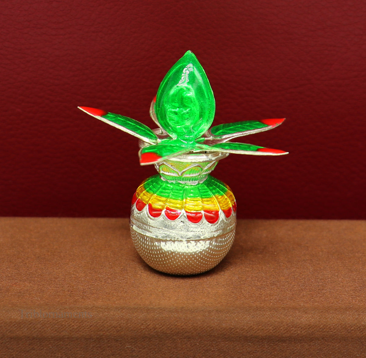 Solid sterling silver handmade vintage puja kalash with silver coconuts and leaf for home temple worship, by TRIBAL ORNAMENTS.