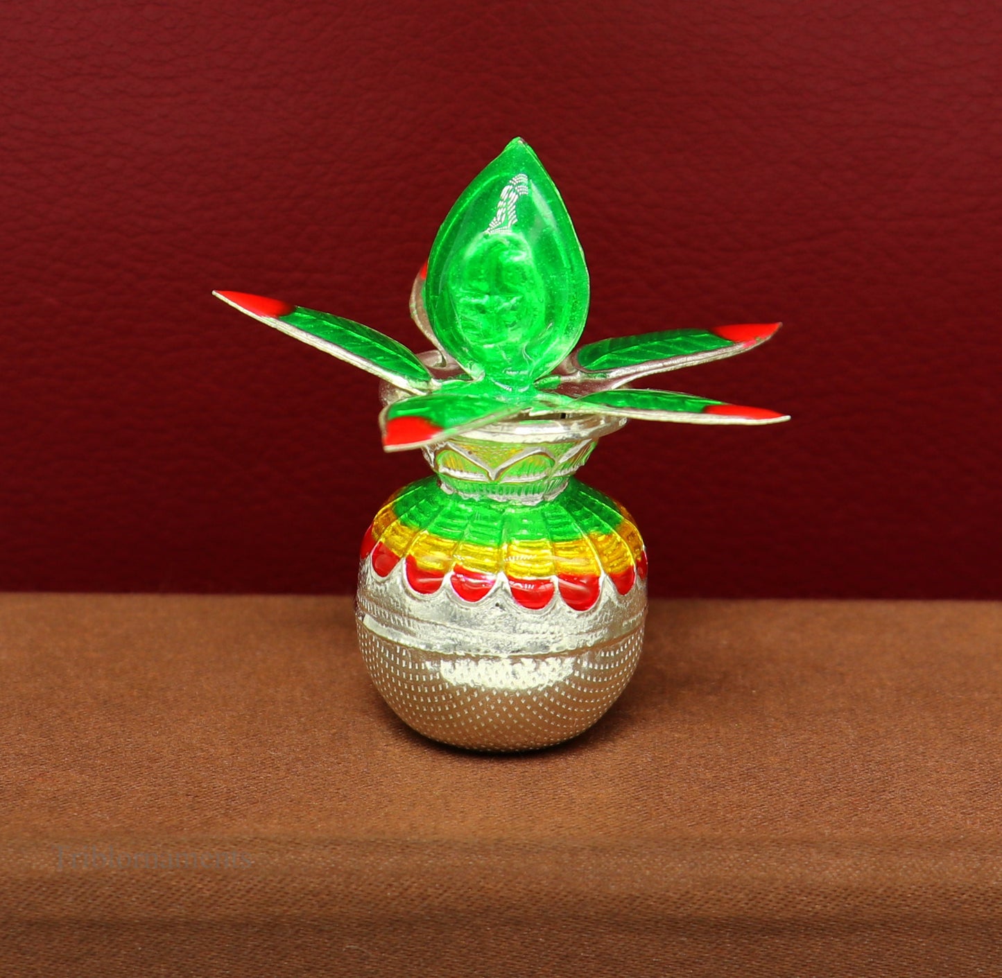 Solid sterling silver handmade vintage puja kalash with silver coconuts and leaf for home temple worship, by TRIBAL ORNAMENTS.