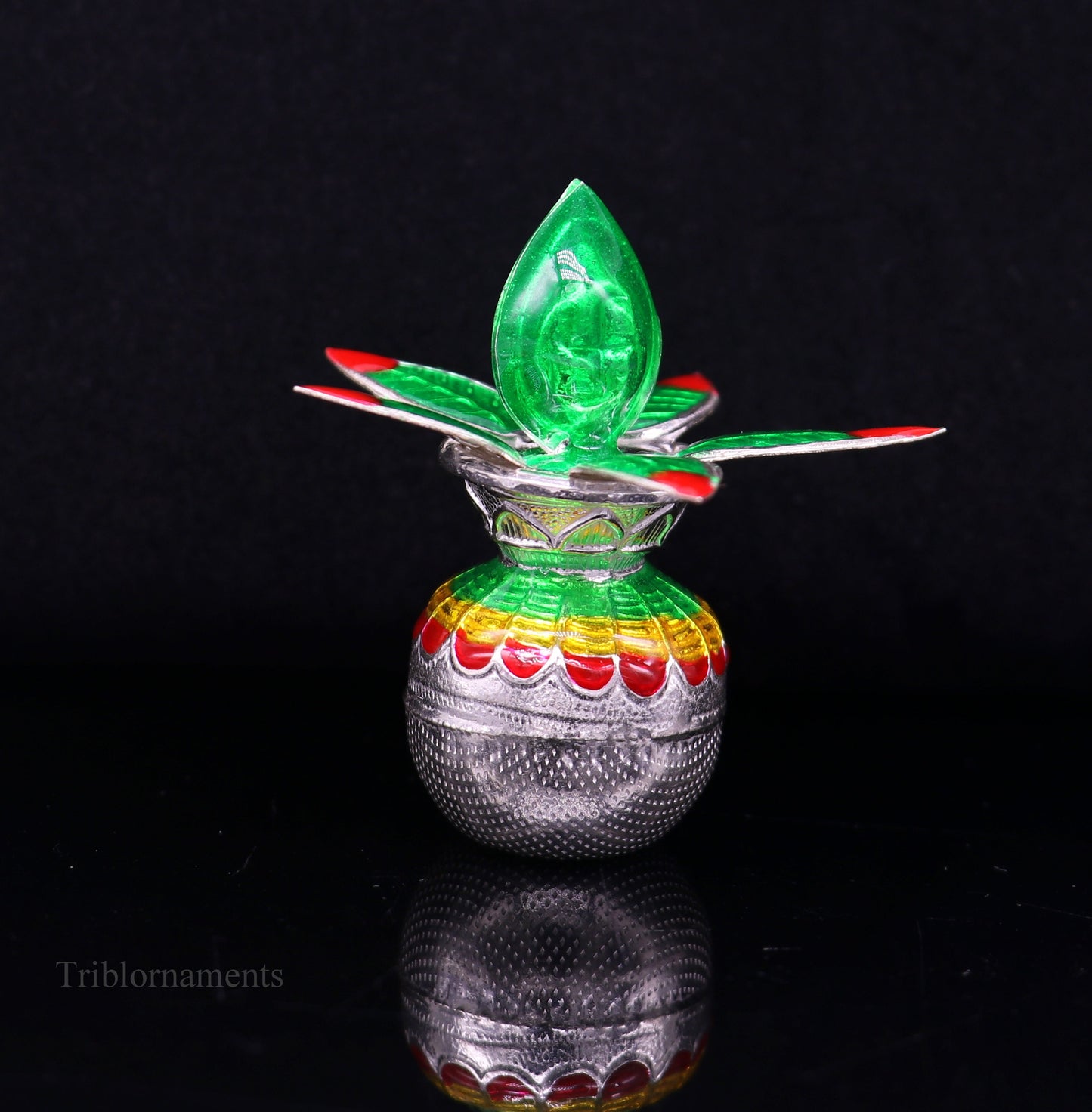 Handmade sterling silver vintage puja kalash with silver coconuts and leaf, ideal for home temple worship by TRIBAL ORNAMENTS.