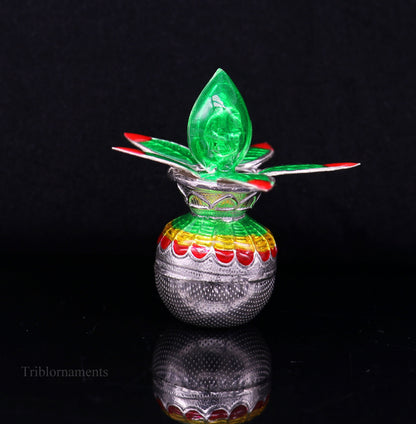 Handmade sterling silver vintage puja kalash with silver coconuts and leaf, ideal for home temple worship by TRIBAL ORNAMENTS.
