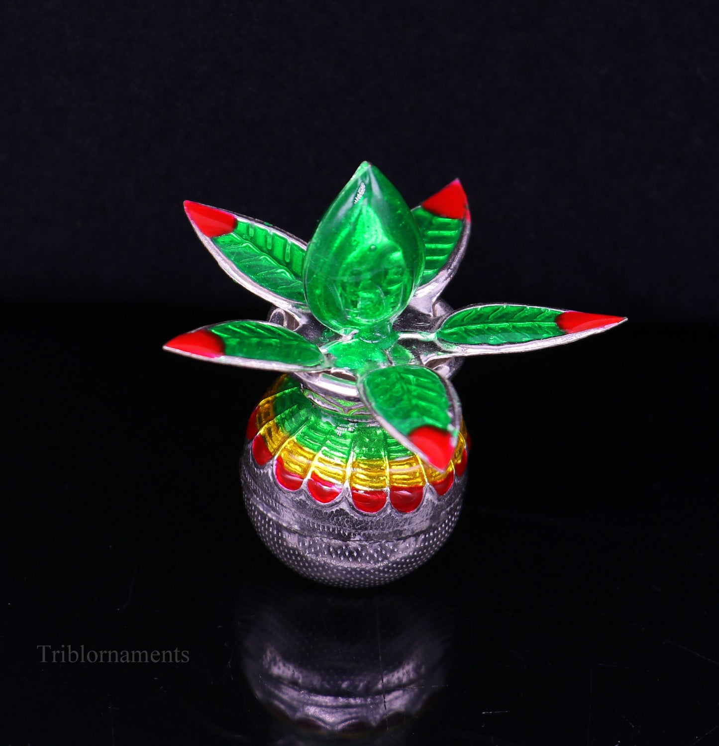 Solid sterling silver handmade vintage puja kalash with silver coconuts and leaf, ideal for home temple worship, by TRIBAL ORNAMENTS