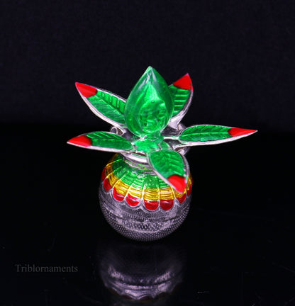Solid sterling silver handmade vintage puja kalash with silver coconuts and leaf, ideal for home temple worship, by TRIBAL ORNAMENTS
