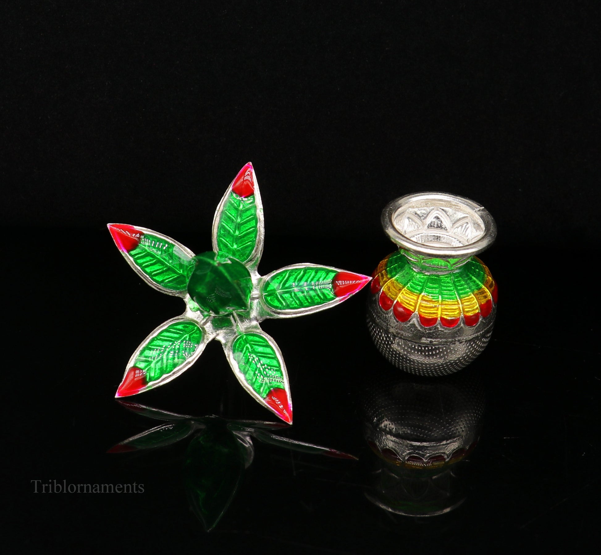 Solid sterling silver handmade vintage puja kalash with silver coconuts and leaf, ideal for home temple worship by TRIBAL ORNAMENTS.