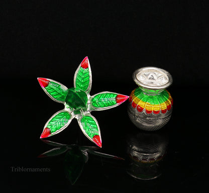 Solid sterling silver handmade vintage puja kalash with silver coconuts and leaf, ideal for home temple worship by TRIBAL ORNAMENTS.