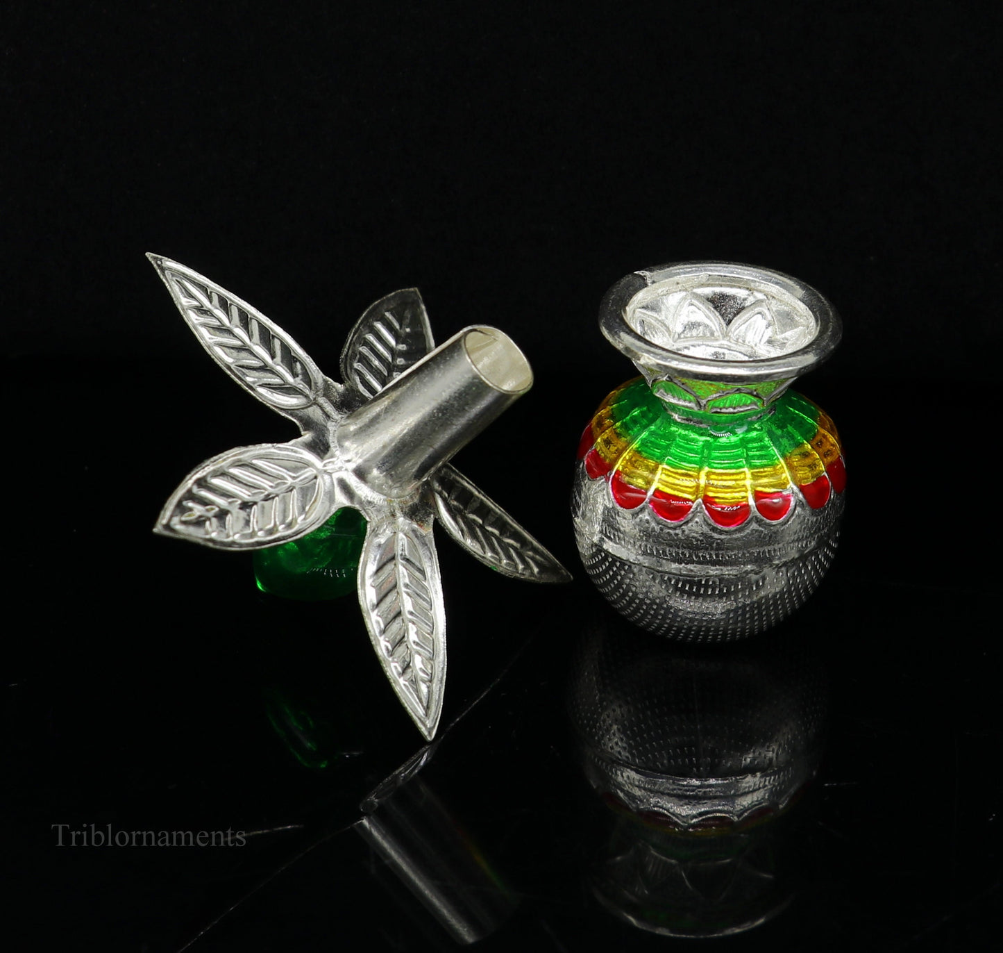 Solid sterling silver handmade vintage puja kalash with silver coconuts and leaf, ideal for home temple worship, by TRIBAL ORNAMENTS.
