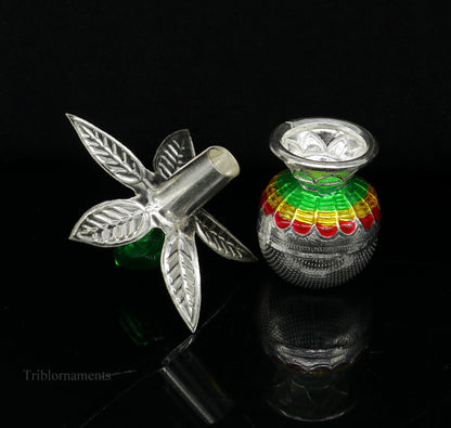 Solid sterling silver handmade vintage puja kalash with silver coconuts and leaf, ideal for home temple worship, by TRIBAL ORNAMENTS.