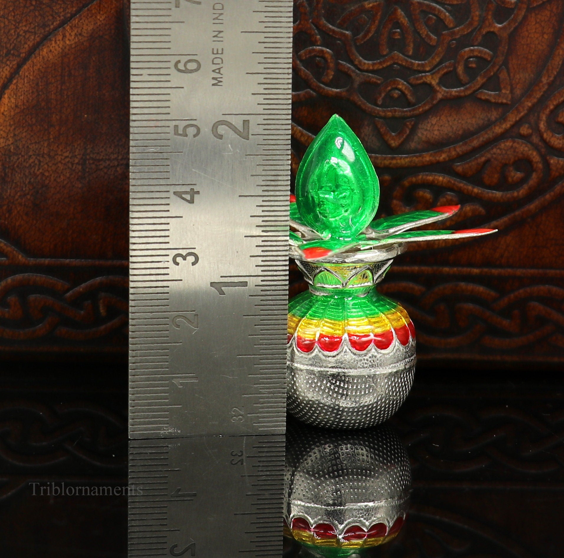 Handmade sterling silver vintage puja kalash with silver coconuts and leaf, ideal for home temple worship, by TRIBAL ORNAMENTS.