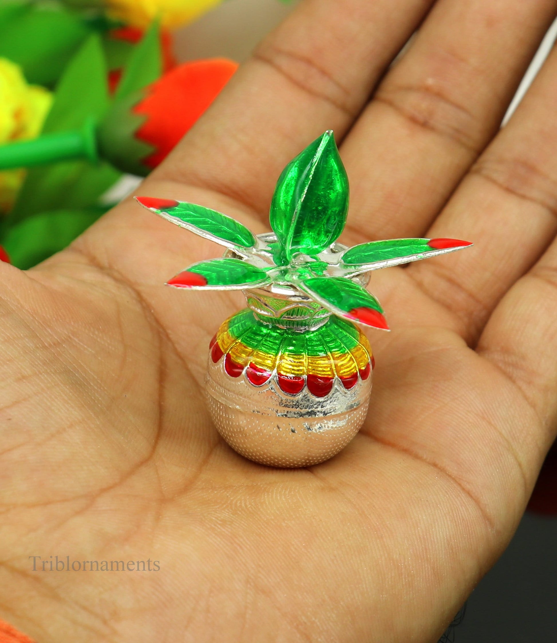 Solid sterling silver handmade vintage puja kalash with silver coconuts and leaf, ideal for home temple worship from TRIBAL ORNAMENTS.
