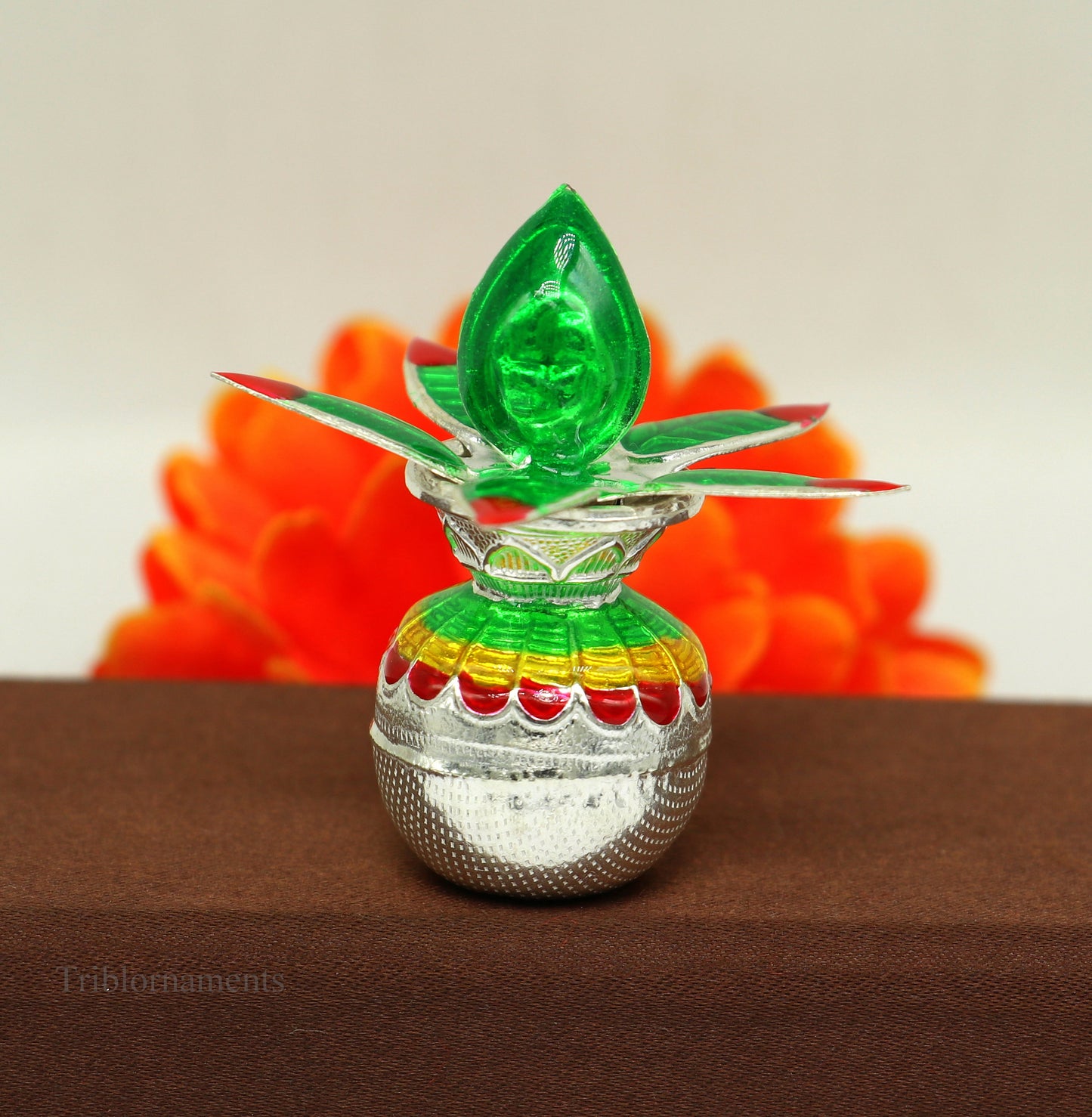 Sterling silver handmade vintage puja kalash with silver coconuts and leaf, ideal for home temple worship, by Tribal Ornaments.